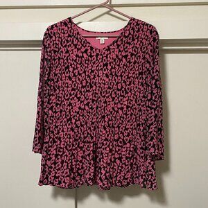 Est. 1948, 3/4 length bell sleeve, pink & black blouse, size M